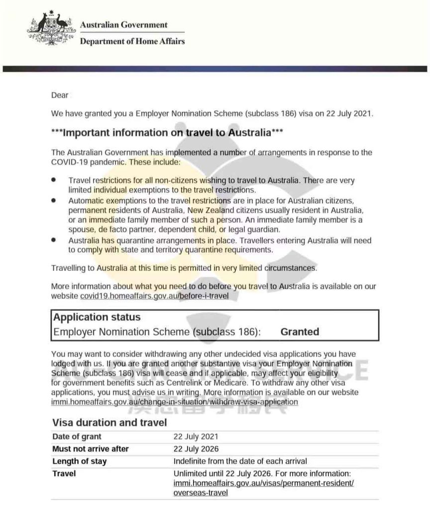 澳洲工作雇主担保案例186签证